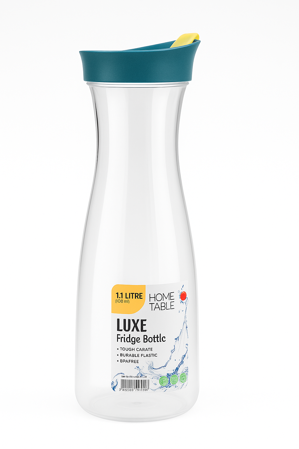 HOME TABLE LUXE Clear Fridge Bottle – 1.1 Litre (Teal Lid Edition)