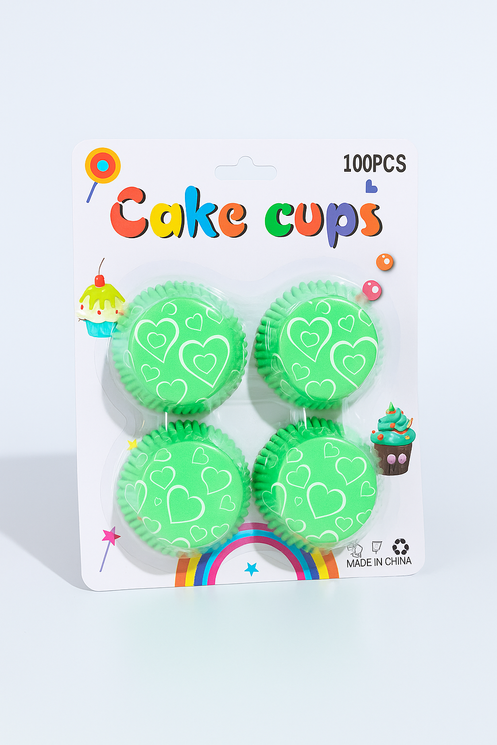 Colorful Cake Cups – 100 PCS (Green Heart Pattern)