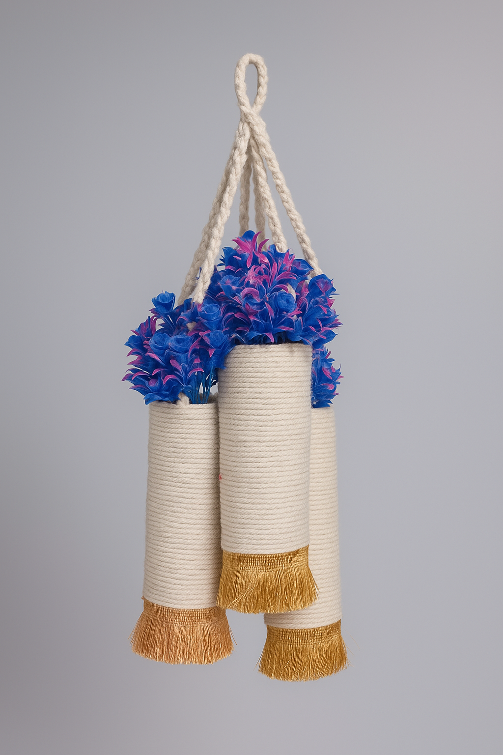 Triple Macrame Rope Hanging Vase with Blue-Pink Blooms – Gold Tassel Trim