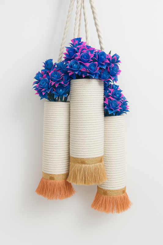 Triple Macrame Rope Hanging Vase with Blue-Pink Blooms – Gold Tassel Trim