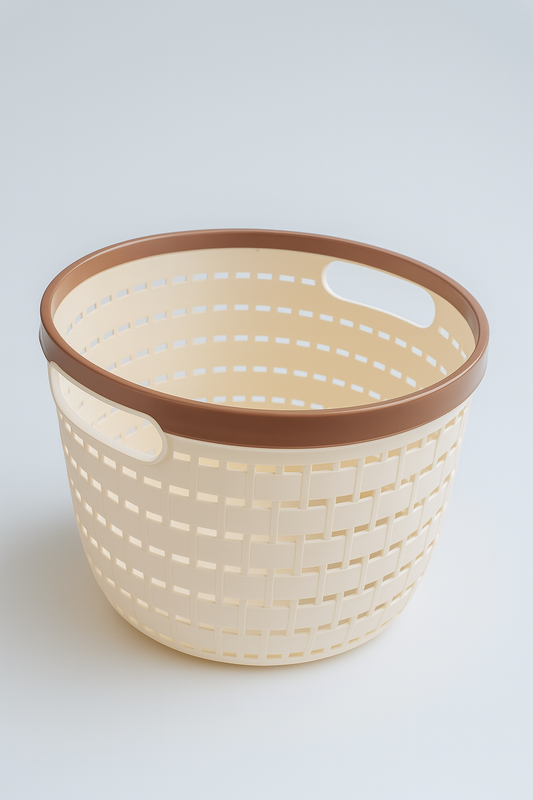 Multi-Purpose Plastic Storage Basket – Cream with Brown Rim & Woven Look